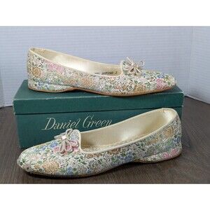 VTG Daniel Green Floral Brocade Slippers Womens 11 Gold Multicolor USA Made